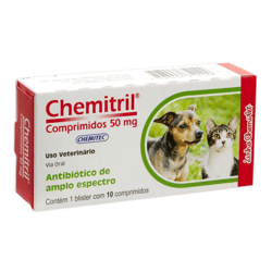 Antibiótico Chemitril 50Mg Chemitec Para Cães E Gatos - 10 Comprimidos