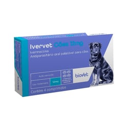 Antiparasitário Biovet Ivervet 12Mg Para Cães Até 60Kg - 4 Comprimidos