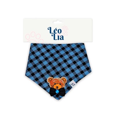 Bandana Bordado Xadrez Azul Leo E Lia - Tamanho P Para Cães E Gatos