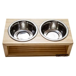 Comedouro Duplo De Madeira Para Cães E Gatos Com Potes Inox Luppet Natural - 1 Unidade