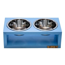 Comedouro Duplo Luppet Madeira Azul Para Cães E Gatos - 2 Potes Inox