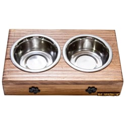 Comedouro Duplo Luppet Madeira - Para Cães E Gatos - 2 Potes Inox