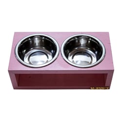 Comedouro Duplo Luppet Para Cães E Gatos - Madeira Com Potes Inox - Rosa - 1 Unidade