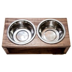 Comedouro Duplo Para Caes E Gatos Madeira Com Potes Inox Luppet Marrom