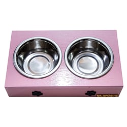 Comedouro Duplo Patinhas Luppet Para Cães E Gatos - Madeira Rosa Com Potes Inox