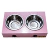 Comedouro Duplo Patinhas Luppet Para Cães E Gatos - Madeira Rosa Com Potes Inox