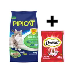 Kit Areia Pipicat Classic 12Kg + Petisco Dreamies Carne 40G Para Gatos Adultos