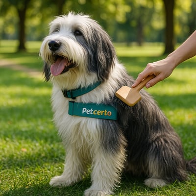Cão Bearded Collie com pelagem e cuidados