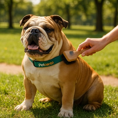 Cão Bulldog com pelagem e cuidados